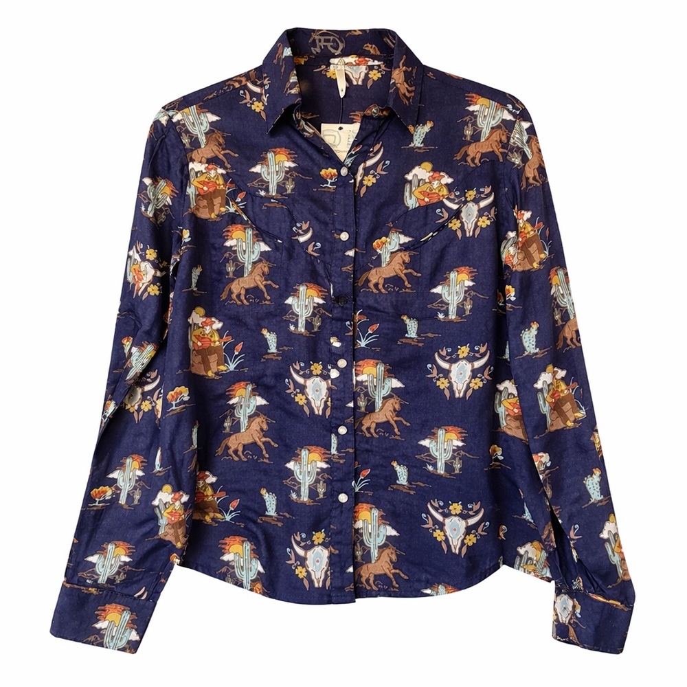Roper Western Snap Button Shirt Cowgirl Cactus Print Blue Size S New with Tags